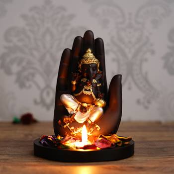 eCraftIndia Golden Handcrafted Palm Ganesha Decorative Showpiece with Wooden Base, Fragranced Petals and Tealight 2