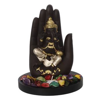 eCraftIndia Golden Handcrafted Palm Ganesha Decorative Showpiece with Wooden Base, Fragranced Petals and Tealight 3