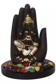 eCraftIndia Golden Handcrafted Palm Ganesha Decorative Showpiece with Wooden Base, Fragranced Petals and Tealight