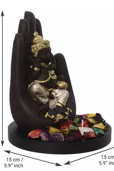 eCraftIndia Golden Handcrafted Palm Ganesha Decorative Showpiece with Wooden Base, Fragranced Petals and Tealight