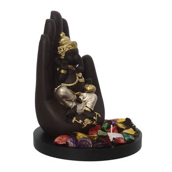 eCraftIndia Golden Handcrafted Palm Ganesha Decorative Showpiece with Wooden Base, Fragranced Petals and Tealight 5