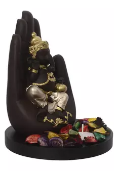 eCraftIndia Golden Handcrafted Palm Ganesha Decorative Showpiece with Wooden Base, Fragranced Petals and Tealight
