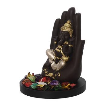 eCraftIndia Golden Handcrafted Palm Ganesha Decorative Showpiece with Wooden Base, Fragranced Petals and Tealight 6