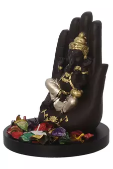 eCraftIndia Golden Handcrafted Palm Ganesha Decorative Showpiece with Wooden Base, Fragranced Petals and Tealight