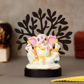 eCraftIndia Decorative Lord Ganesha Idol with Wooden Tree for Car Dashboard, Home Temple and Office Desks 1