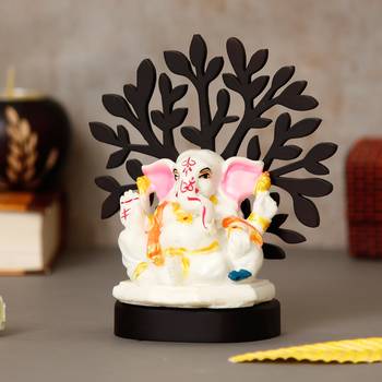 eCraftIndia Decorative Lord Ganesha Idol with Wooden Tree for Car Dashboard, Home Temple and Office Desks 3