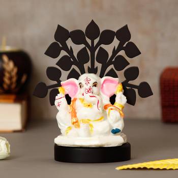 eCraftIndia Decorative Lord Ganesha Idol with Wooden Tree for Car Dashboard, Home Temple and Office Desks 2