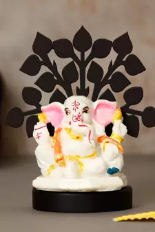 eCraftIndia Decorative Lord Ganesha Idol with Wooden Tree for Car Dashboard, Home Temple and Office Desks
