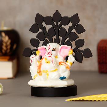 eCraftIndia Decorative Lord Ganesha Idol with Wooden Tree for Car Dashboard, Home Temple and Office Desks 3