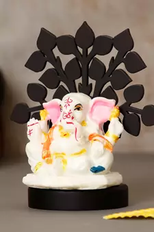 eCraftIndia Decorative Lord Ganesha Idol with Wooden Tree for Car Dashboard, Home Temple and Office Desks
