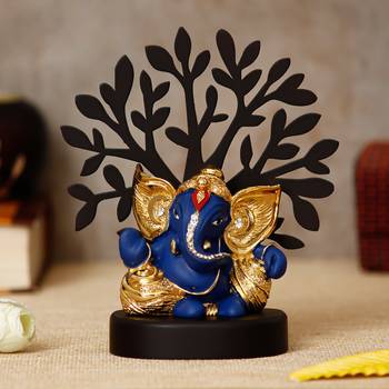 eCraftIndia Gold Plated Blue Kaan Ganesha Decorative Showpiece with Wooden Tree for Home/Temple/Office/Car Dashboard 1