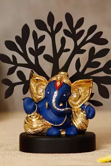 eCraftIndia Gold Plated Blue Kaan Ganesha Decorative Showpiece with Wooden Tree for Home/Temple/Office/Car Dashboard