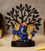 eCraftIndia Gold Plated Blue Kaan Ganesha Decorative Showpiece with Wooden Tree for Home/Temple/Office/Car Dashboard