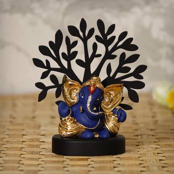 eCraftIndia Gold Plated Blue Kaan Ganesha Decorative Showpiece with Wooden Tree for Home/Temple/Office/Car Dashboard 2