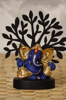 eCraftIndia Gold Plated Blue Kaan Ganesha Decorative Showpiece with Wooden Tree for Home/Temple/Office/Car Dashboard