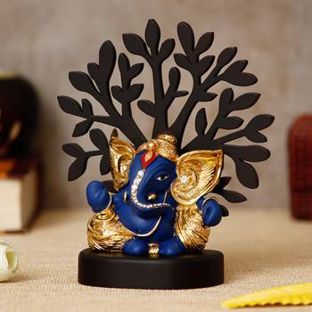 eCraftIndia Gold Plated Blue Kaan Ganesha Decorative Showpiece with Wooden Tree for Home/Temple/Office/Car Dashboard 3