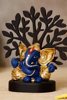 eCraftIndia Gold Plated Blue Kaan Ganesha Decorative Showpiece with Wooden Tree for Home/Temple/Office/Car Dashboard