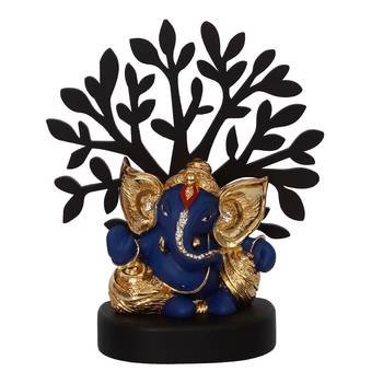 eCraftIndia Gold Plated Blue Kaan Ganesha Decorative Showpiece with Wooden Tree for Home/Temple/Office/Car Dashboard 4