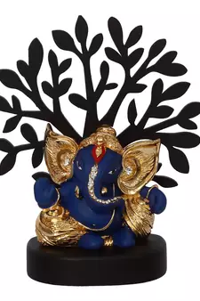 eCraftIndia Gold Plated Blue Kaan Ganesha Decorative Showpiece with Wooden Tree for Home/Temple/Office/Car Dashboard