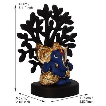 eCraftIndia Gold Plated Blue Kaan Ganesha Decorative Showpiece with Wooden Tree for Home/Temple/Office/Car Dashboard 5