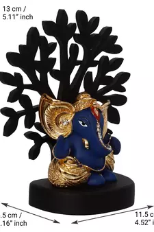 eCraftIndia Gold Plated Blue Kaan Ganesha Decorative Showpiece with Wooden Tree for Home/Temple/Office/Car Dashboard