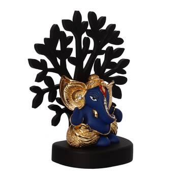 eCraftIndia Gold Plated Blue Kaan Ganesha Decorative Showpiece with Wooden Tree for Home/Temple/Office/Car Dashboard 6