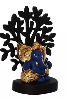 eCraftIndia Gold Plated Blue Kaan Ganesha Decorative Showpiece with Wooden Tree for Home/Temple/Office/Car Dashboard