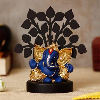 eCraftIndia Gold Plated Blue Kaan Ganesha Decorative Showpiece with Wooden Tree for Home/Temple/Office/Car Dashboard 1