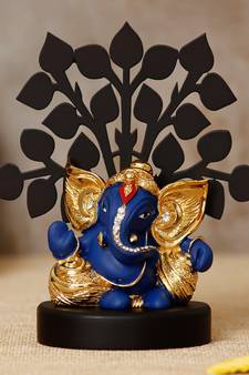 eCraftIndia Gold Plated Blue Kaan Ganesha Decorative Showpiece with Wooden Tree for Home/Temple/Office/Car Dashboard