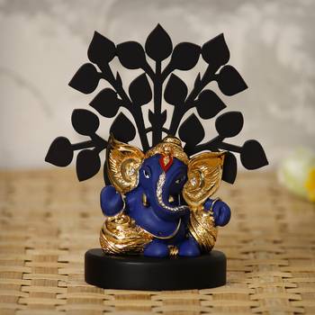 eCraftIndia Gold Plated Blue Kaan Ganesha Decorative Showpiece with Wooden Tree for Home/Temple/Office/Car Dashboard 2