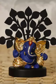 eCraftIndia Gold Plated Blue Kaan Ganesha Decorative Showpiece with Wooden Tree for Home/Temple/Office/Car Dashboard