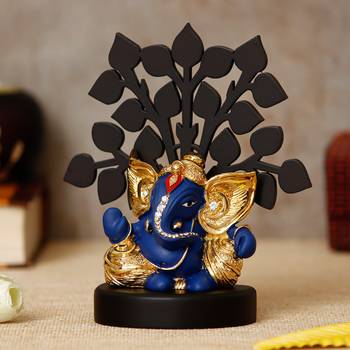 eCraftIndia Gold Plated Blue Kaan Ganesha Decorative Showpiece with Wooden Tree for Home/Temple/Office/Car Dashboard 3
