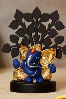 eCraftIndia Gold Plated Blue Kaan Ganesha Decorative Showpiece with Wooden Tree for Home/Temple/Office/Car Dashboard