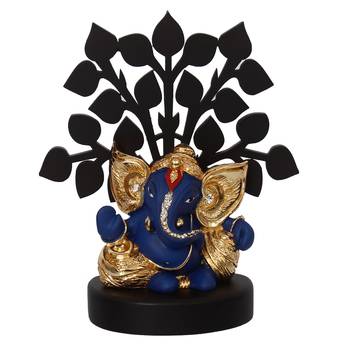 eCraftIndia Gold Plated Blue Kaan Ganesha Decorative Showpiece with Wooden Tree for Home/Temple/Office/Car Dashboard 4