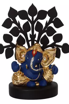 eCraftIndia Gold Plated Blue Kaan Ganesha Decorative Showpiece with Wooden Tree for Home/Temple/Office/Car Dashboard