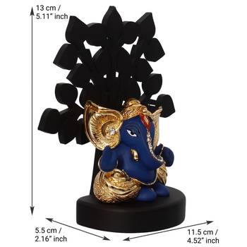 eCraftIndia Gold Plated Blue Kaan Ganesha Decorative Showpiece with Wooden Tree for Home/Temple/Office/Car Dashboard 5