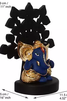 eCraftIndia Gold Plated Blue Kaan Ganesha Decorative Showpiece with Wooden Tree for Home/Temple/Office/Car Dashboard