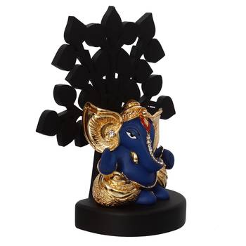 eCraftIndia Gold Plated Blue Kaan Ganesha Decorative Showpiece with Wooden Tree for Home/Temple/Office/Car Dashboard 6