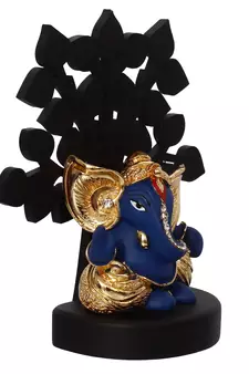 eCraftIndia Gold Plated Blue Kaan Ganesha Decorative Showpiece with Wooden Tree for Home/Temple/Office/Car Dashboard