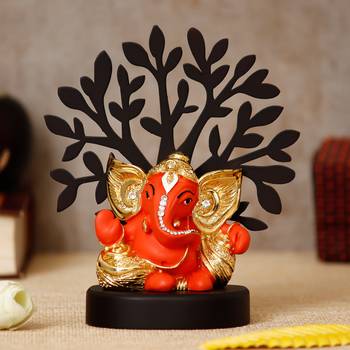 eCraftIndia Gold Plated Orange Kaan Ganesha Decorative Showpiece with Wooden Tree for Home/Temple/Office/Car Dashboard 1
