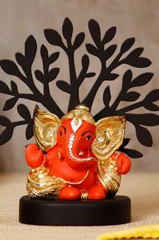 eCraftIndia Gold Plated Orange Kaan Ganesha Decorative Showpiece with Wooden Tree for Home/Temple/Office/Car Dashboard