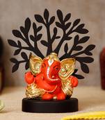eCraftIndia Gold Plated Orange Kaan Ganesha Decorative Showpiece with Wooden Tree for Home/Temple/Office/Car Dashboard