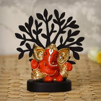 eCraftIndia Gold Plated Orange Kaan Ganesha Decorative Showpiece with Wooden Tree for Home/Temple/Office/Car Dashboard 2
