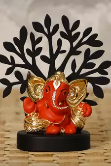 eCraftIndia Gold Plated Orange Kaan Ganesha Decorative Showpiece with Wooden Tree for Home/Temple/Office/Car Dashboard