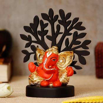 eCraftIndia Gold Plated Orange Kaan Ganesha Decorative Showpiece with Wooden Tree for Home/Temple/Office/Car Dashboard 3