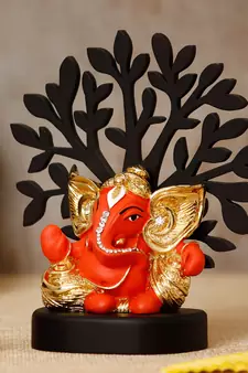 eCraftIndia Gold Plated Orange Kaan Ganesha Decorative Showpiece with Wooden Tree for Home/Temple/Office/Car Dashboard
