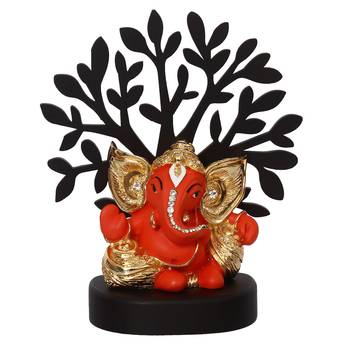 eCraftIndia Gold Plated Orange Kaan Ganesha Decorative Showpiece with Wooden Tree for Home/Temple/Office/Car Dashboard 4