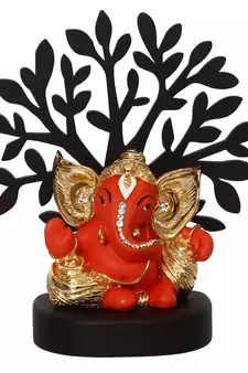 eCraftIndia Gold Plated Orange Kaan Ganesha Decorative Showpiece with Wooden Tree for Home/Temple/Office/Car Dashboard