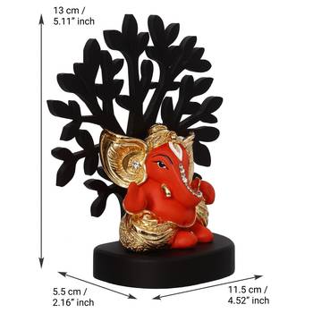 eCraftIndia Gold Plated Orange Kaan Ganesha Decorative Showpiece with Wooden Tree for Home/Temple/Office/Car Dashboard 5