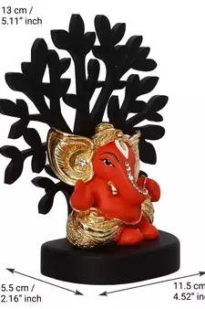 eCraftIndia Gold Plated Orange Kaan Ganesha Decorative Showpiece with Wooden Tree for Home/Temple/Office/Car Dashboard